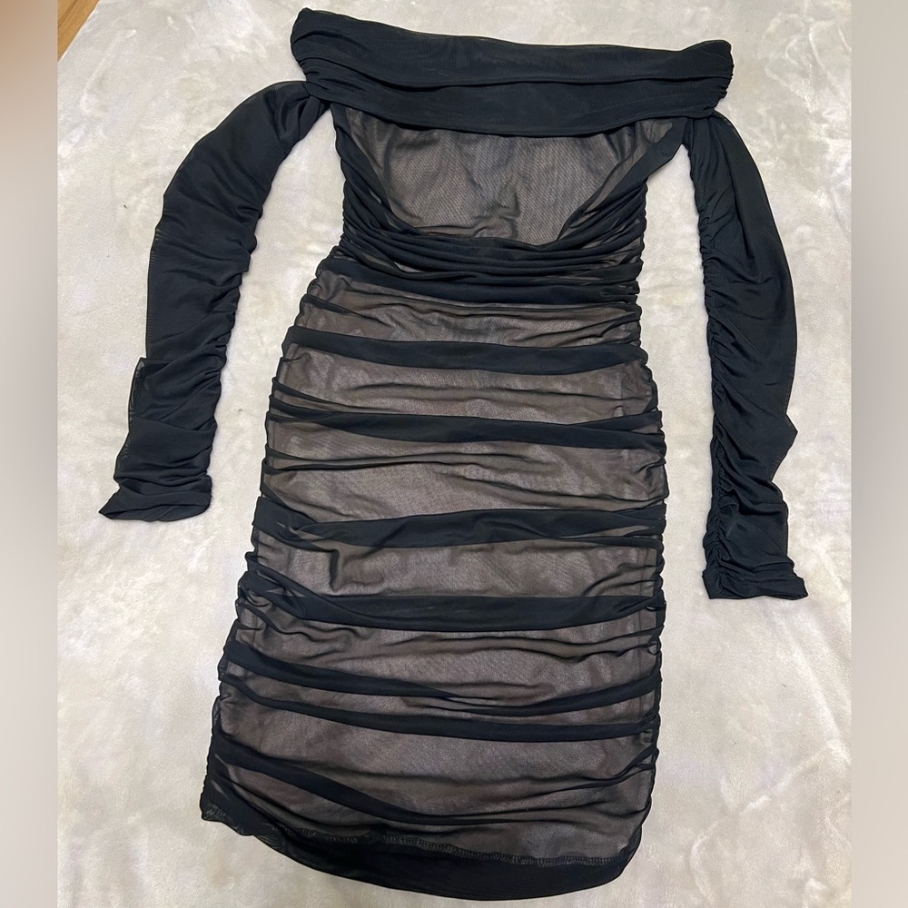 Off Shoulder Ruched Mesh Short Midi Dress Nude Black